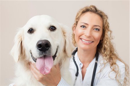 Veterinarian petting dog in office Foto de stock - Sin royalties Premium, Código: 649-06000984