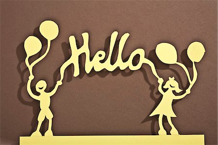 friends hello - Paper dolls of holding balloons and a hello sign Stock Photo - Premium Royalty-Free, Code: 649-06432629