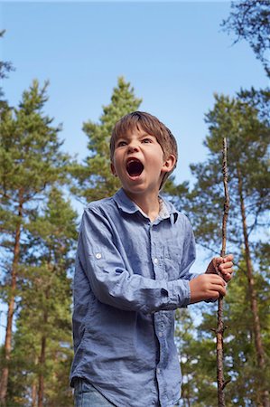 simsearch:649-06845253,k - Boy standing in forest, holding stick, mouth open shouting Stock Photo - Premium Royalty-Free, Code: 649-07238460