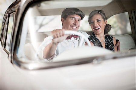 retro style man - Couple in vintage car Stock Photo - Premium Royalty-Free, Code: 649-07437386