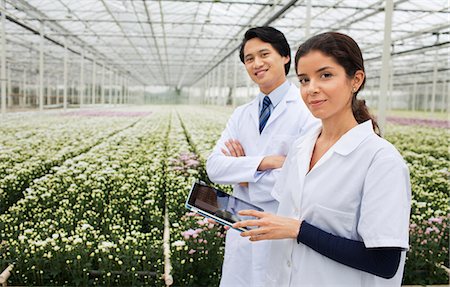people in row - Man and woman with rows of plants growing in greenhouse Stock Photo - Premium Royalty-Free, Code: 649-07438021