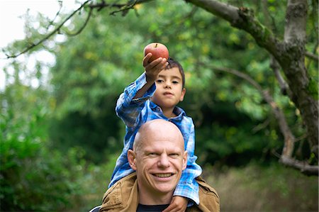 family apple orchard - Male toddler holding an apple and sitting on fathers shoulders Stock Photo - Premium Royalty-Free, Code: 649-07560358