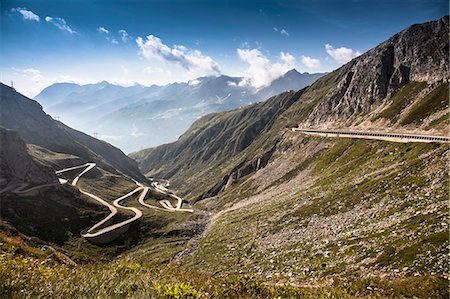 road country - Distant view of old road to Gotthard Pass, Switzerland Stock Photo - Premium Royalty-Free, Code: 649-07596463