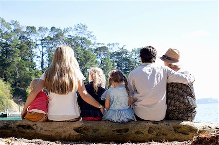 simsearch:649-07648247,k - Rear view of family friends sitting on tree trunk at beach, New Zealand Stock Photo - Premium Royalty-Free, Code: 649-08060158