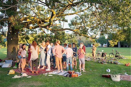 simsearch:649-08381087,k - Crowd of adults under a tree at sunset party in park Foto de stock - Sin royalties Premium, Código: 649-08381084