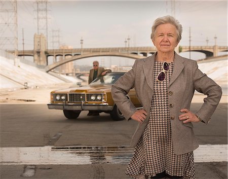 simsearch:614-07240051,k - Portrait of cool senior woman and husband with classic car, Los Angeles, California, USA Stock Photo - Premium Royalty-Free, Code: 649-08565761