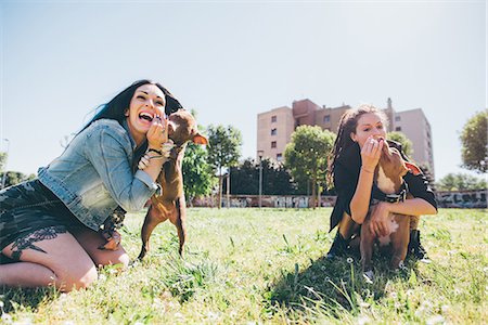 dogs licking women - Two young women playing with pit bull terriers in urban park Stock Photo - Premium Royalty-Free, Code: 649-08703285