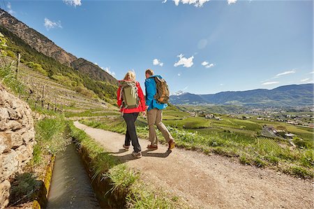 simsearch:649-08086253,k - Mature couple hiking along country road, rear view, Meran, South Tyrol, Italy Stock Photo - Premium Royalty-Free, Code: 649-08714061