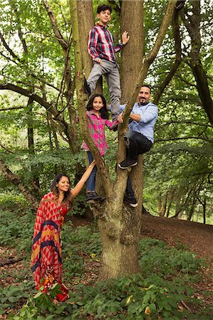 simsearch:695-05774517,k - Portrait of family in forest, father and two children climbing tree Photographie de stock - Premium Libres de Droits, Code: 649-08766175