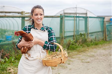 simsearch:649-07560533,k - Woman on chicken farm holding chicken Photographie de stock - Premium Libres de Droits, Code: 649-08824752