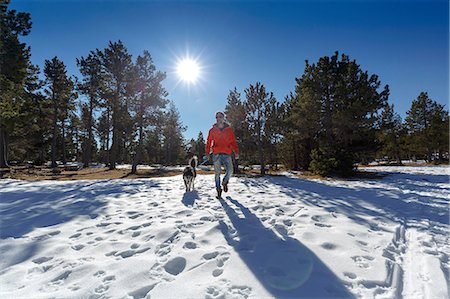 simsearch:400-05724021,k - Mature man walking dog in snow covered forest Stock Photo - Premium Royalty-Free, Code: 649-08900381