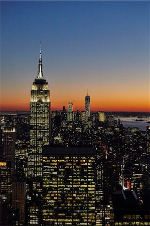 Elevated view of Empire State Building at night, New York City, USA Stock Photo - Premium Royalty-Free, Code: 649-08900711