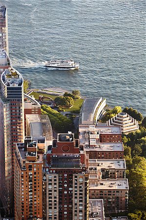 High angle view of ferry and waterfront from One World Trade Observatory, New York City, USA Stock Photo - Premium Royalty-Free, Code: 649-08900747