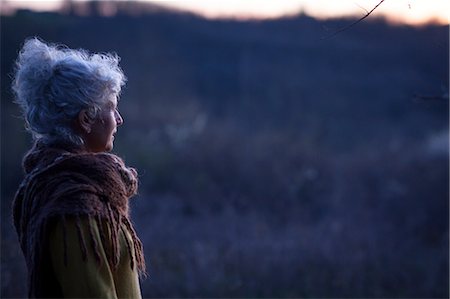 simsearch:649-08924209,k - Portrait of mature grey haired woman gazing at dusk landscape Stock Photo - Premium Royalty-Free, Code: 649-08923220