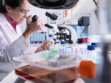 simsearch:649-07279799,k - Scientist pipetting sample into vial during experiment, ready for testing with a flask containing cells in the foreground Stock Photo - Premium Royalty-Free, Code: 649-09166663