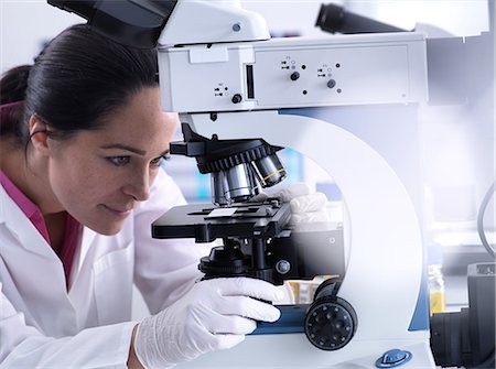 simsearch:649-07279799,k - Scientist viewing human sample on glass slide under microscope Stock Photo - Premium Royalty-Free, Code: 649-09166689