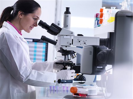simsearch:649-07279799,k - Scientist viewing human sample on glass slide under microscope Stock Photo - Premium Royalty-Free, Code: 649-09166690