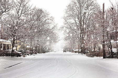 Snow falling on suburban street Stock Photo - Premium Royalty-Free, Code: 649-09206156