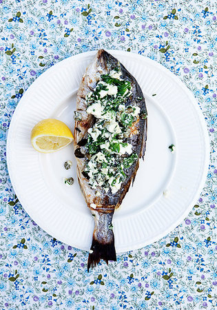 simsearch:649-06352937,k - Plate of fish with herb topping Stock Photo - Premium Royalty-Free, Code: 649-09206357