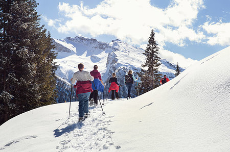simsearch:649-07437959,k - Mature couple and daughters snowshoeing in snow covered mountain landscape, rear view, Styria, Tyrol, Austria Foto de stock - Sin royalties Premium, Código: 649-09258153