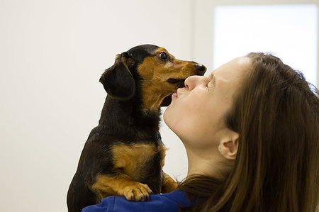 dog licking woman face - Dog licking veterinarian's face Stock Photo - Premium Royalty-Free, Code: 649-09251167