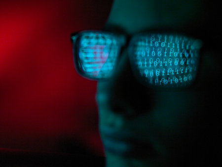 simsearch:649-07279549,k - Cyber Crime, reflection in spectacles of virus hacking a computer, close up of face Stock Photo - Premium Royalty-Free, Code: 649-09251284