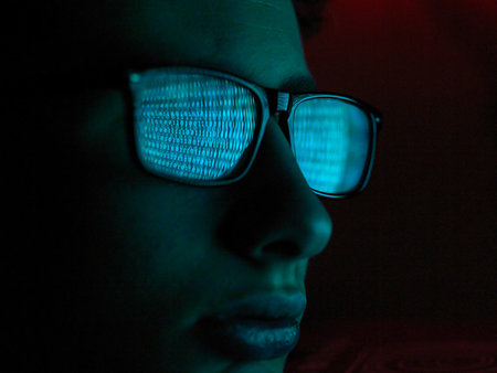 simsearch:649-07279549,k - Cyber Crime, reflection in spectacles of virus hacking a computer, close up of face Stock Photo - Premium Royalty-Free, Code: 649-09251283