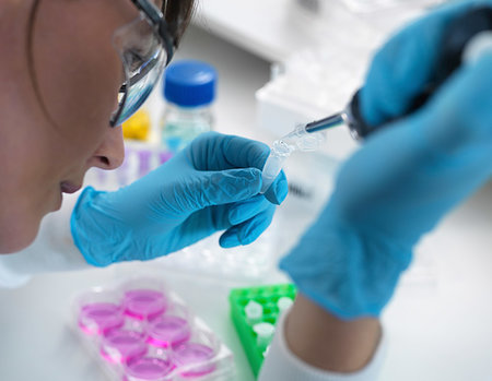 simsearch:649-08085222,k - Biotechnology research, scientist pipetting sample into vial for analysis in laboratory, over shoulder view Stock Photo - Premium Royalty-Free, Code: 649-09251905