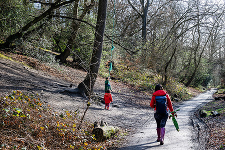 simsearch:614-06897023,k - Mother and two sons walking and playing by woodland road, rear view Stock Photo - Premium Royalty-Free, Code: 649-09252035