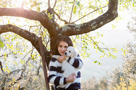 simsearch:649-06401393,k - Girl holding a cute golden retriever puppy on tree ladder in sunlit orchard, portrait, Scandicci, Tuscany, Italy Stock Photo - Premium Royalty-Free, Code: 649-09269147