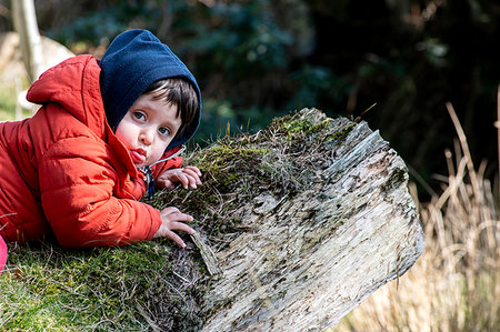 simsearch:649-07648247,k - Boy lying on fallen tree trunk in forest Stock Photo - Premium Royalty-Free, Code: 649-09269318