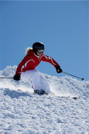 simsearch:649-03857163,k - Girl in red carving off piste. Stock Photo - Premium Royalty-Free, Code: 649-03077554