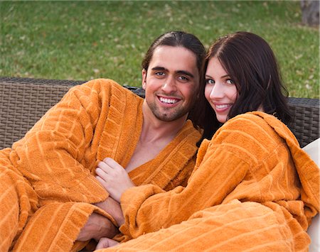 simsearch:640-06050299,k - Italy, Tuscany, Portrait of young couple wearing bathrobe Stock Photo - Premium Royalty-Free, Code: 640-06050302