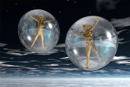 standing concept individuality concept - Low angle view of two golden people trapped in bubbles Stock Photo - Premium Royalty-Free, Code: 640-01349052