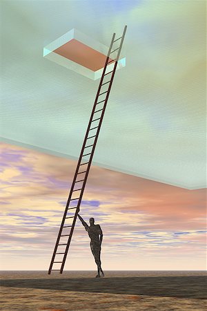 Person leaning on a ladder leading to an opening in the sky Stock Photo - Premium Royalty-Free, Code: 640-01354637