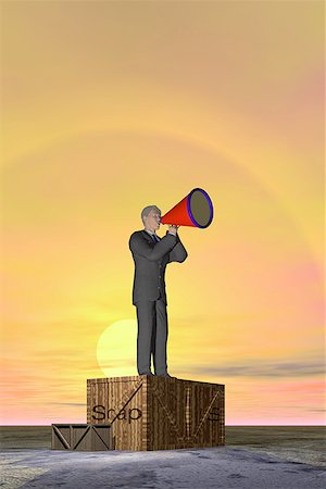 speakers graphics - Profile of a businessman standing on a soapbox with a megaphone Foto de stock - Sin royalties Premium, Código: 640-01350633