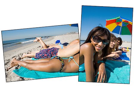 simsearch:400-03944633,k - Portrait of a young woman lying on the beach with her friends Stock Photo - Premium Royalty-Free, Code: 640-01364132