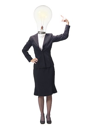 satire - Businesswoman pointing at light bulb on head Stock Photo - Premium Royalty-Free, Code: 640-01361159