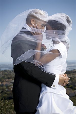 Profile of a newlywed couple under a veil Stock Photo - Premium Royalty-Free, Code: 640-01363662