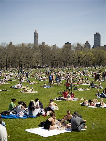 Crowd of people on grass with city skyline and blue sky Stock Photo - Premium Royalty-Free, Code: 640-02775024