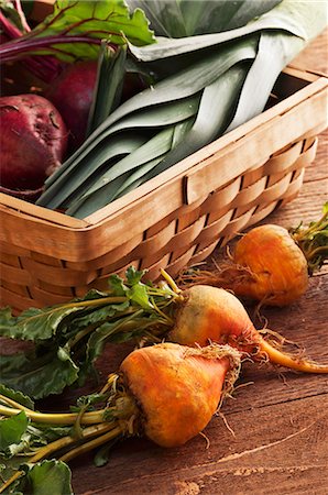 Organic Golden Beets Next to a Basket Filled with Red Beets and Leeks Stock Photo - Premium Royalty-Free, Code: 659-06154915