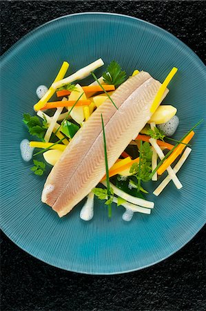 Poached trout fillet with root vegetables and herbs Stock Photo - Premium Royalty-Free, Code: 659-06152810