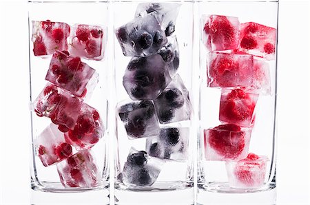 simsearch:659-06495307,k - Three glasses with various berry ice cubes Stock Photo - Premium Royalty-Free, Code: 659-06186075