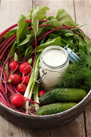 Ingredients for cold beetroot soup (beetroot, gherkins, radishes, dill, kefir) Stock Photo - Premium Royalty-Free, Code: 659-06186242