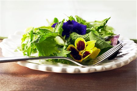 edible flower - Mixed Green Salad with Edible Flowers on s White Plate Stock Photo - Premium Royalty-Free, Code: 659-06307192