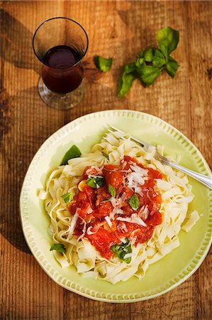 spaghetti dish - Pasta with Fresh Tomato Sauce, Basil and Parmesan Cheese; From Above Stock Photo - Premium Royalty-Free, Code: 659-06495118