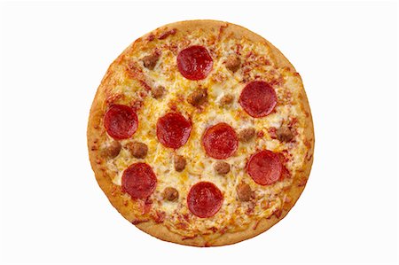 entirely - Whole Pepperoni and Sausage Pizza on a White Background; From Above Stock Photo - Premium Royalty-Free, Code: 659-06902900