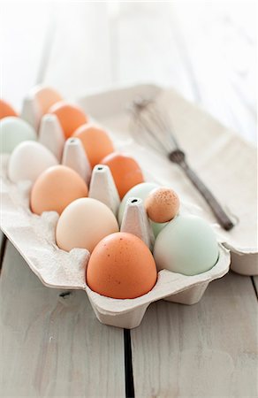 simsearch:659-06306291,k - A Variety of Fresh Eggs in a Cardboard Egg Carton; Open with a Whisk Stock Photo - Premium Royalty-Free, Code: 659-07027044