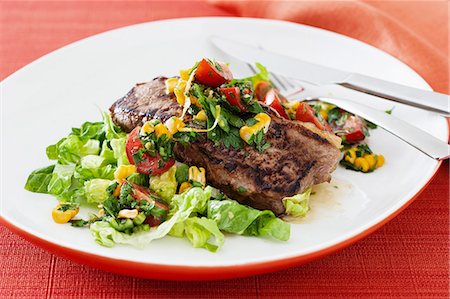 Sirloin steak with salad and salsa Stock Photo - Premium Royalty-Free, Code: 659-07028597