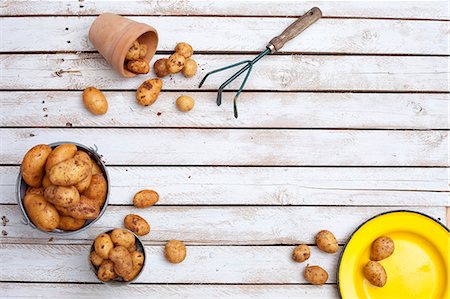 New potatoes in a bucket, in a clay pot and on a plate Stock Photo - Premium Royalty-Free, Code: 659-07028937